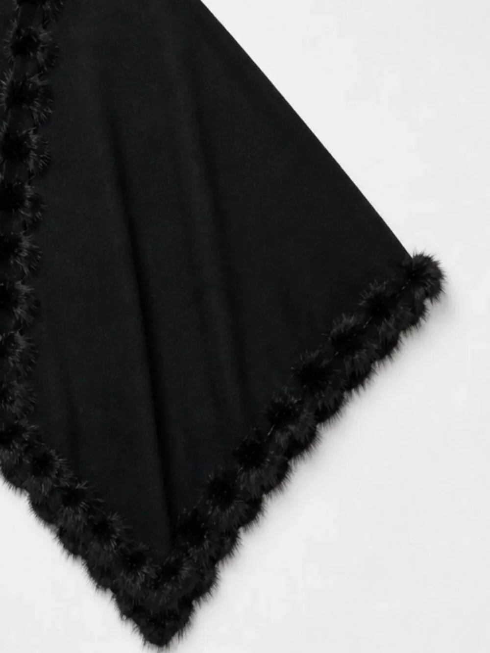 Chico's Black Faux Fur Trim Cashmere Blend Cocoon Wrap Pom Pom EUC OS